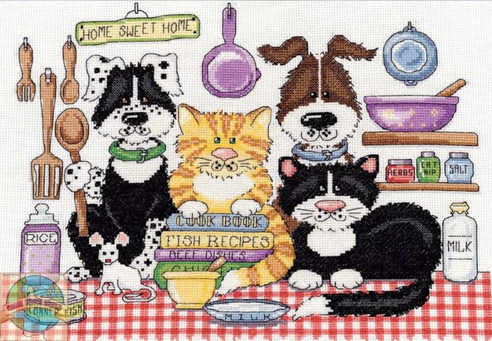 Cross Stitch Kit ~ Design Works Home Sweet Home Dogs & Cats in Kitchen #DW2857